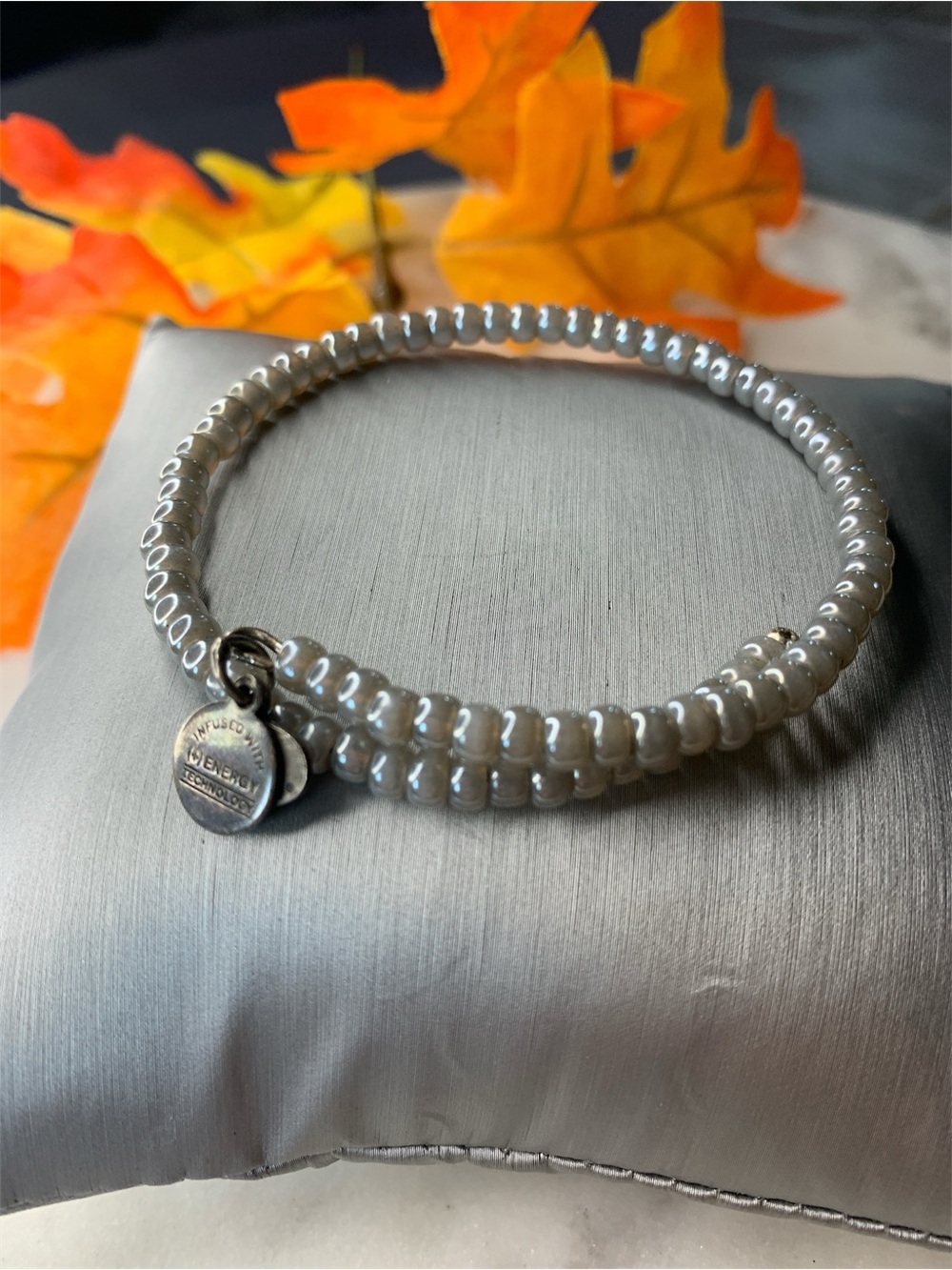 Alex and Ani Silver Gray Double-Strand Beaded Bracelet with Charm